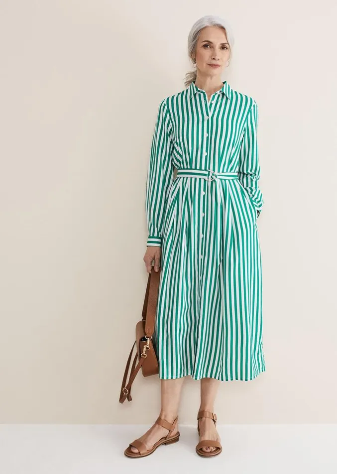 Ida Stripe Shirt Midi Dress Green Women Phase Eight Dresses
