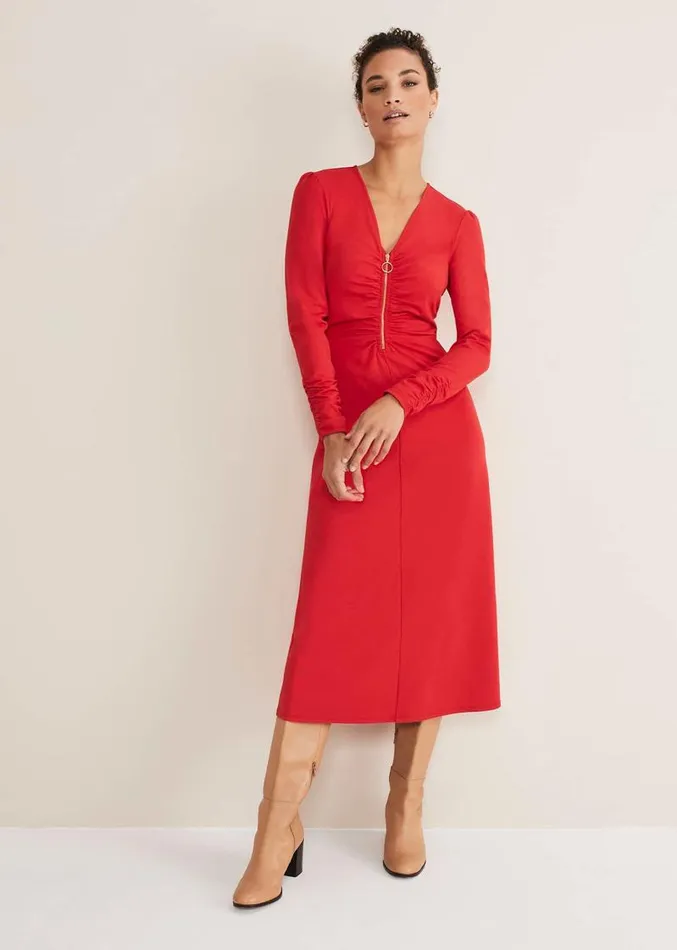 Irisa Zip Ruched Midi Dress Red Women Phase Eight Dresses