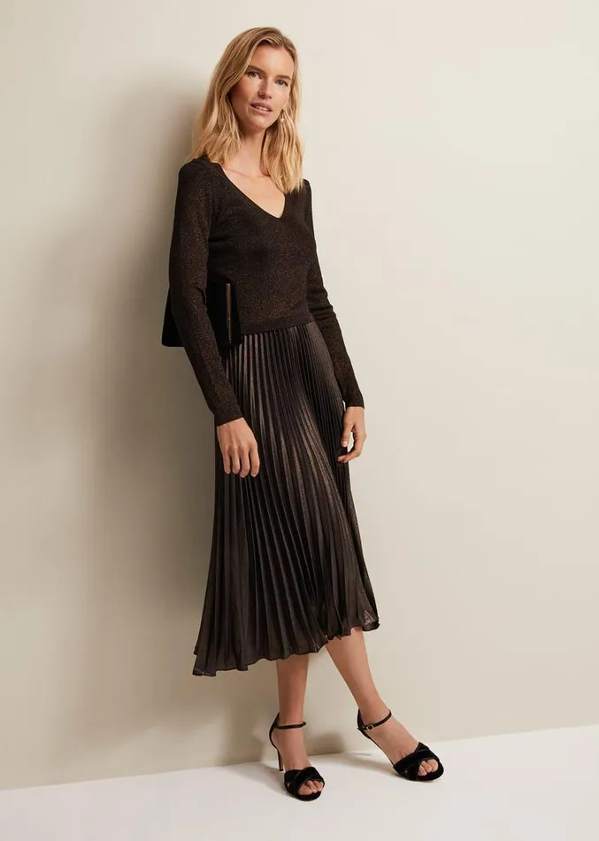 Isla Metallic Pleated Knitted Dress Bronze Women Phase Eight Dresses