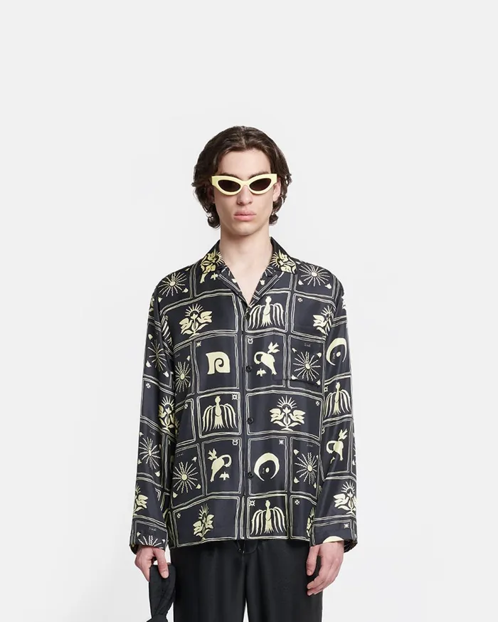Jelmer Printed SilkTwill Shirt Folk Art Black Men Nanushka Tops
