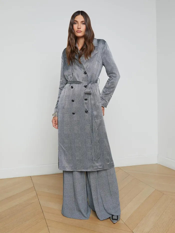 L039Agence Blazers and Jackets Women Moda Satin Trench Coat Whiteblack Glen Plaid