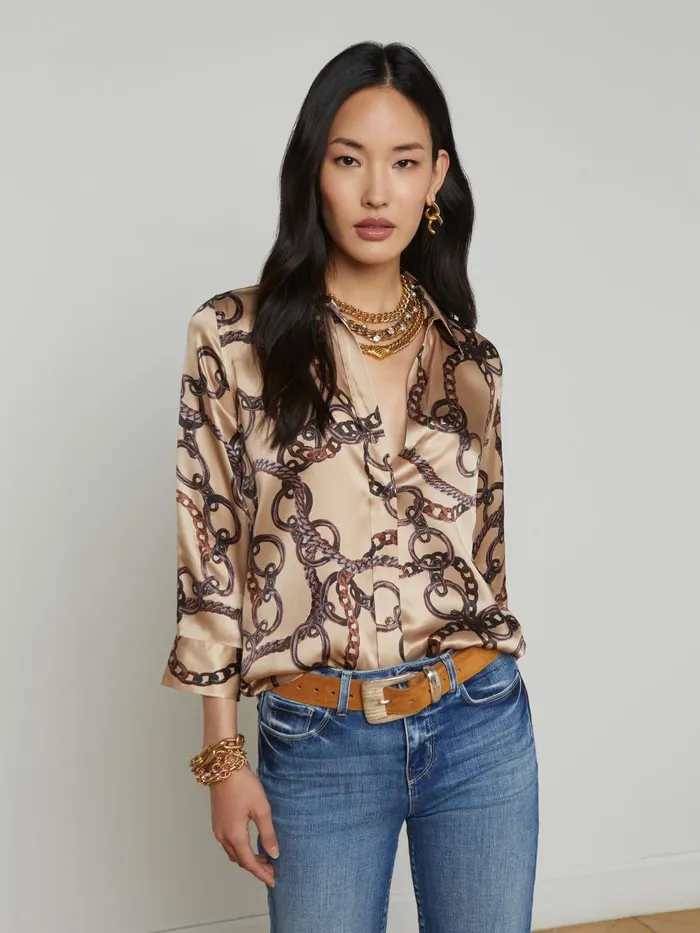 L039Agence Blouses and Tops Women Dani Silk Blouse Almondbrown Oversized Chain