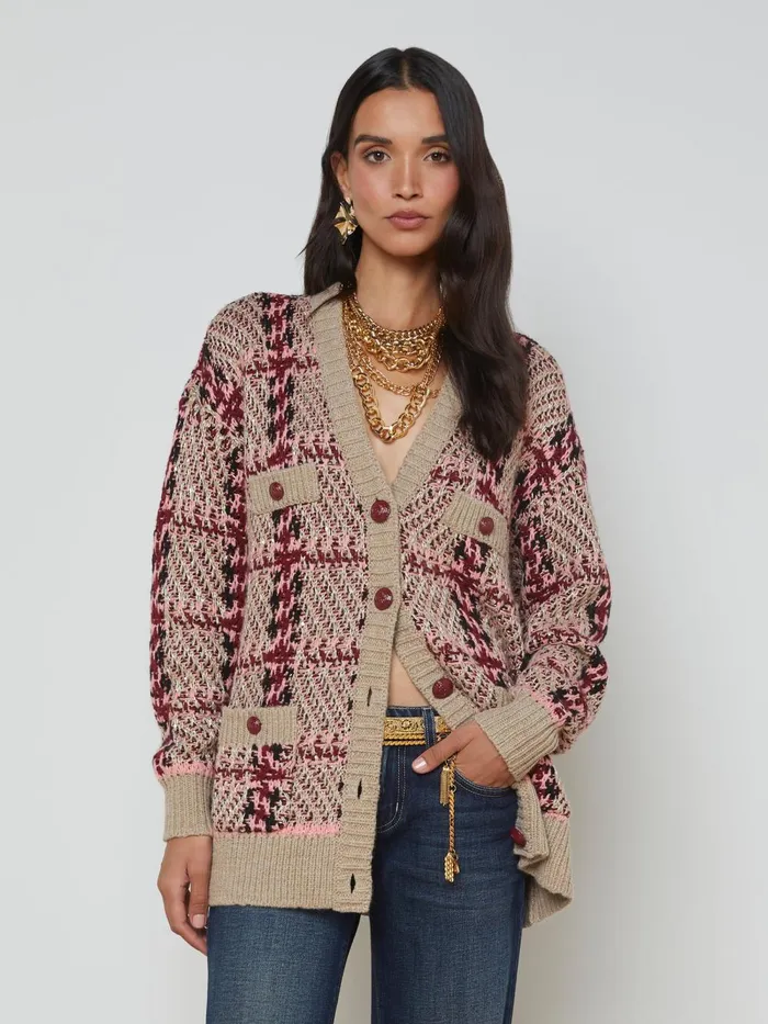 L039Agence Knitwear Women Macie Cardigan Naturalpinkburgundyblack Sequin