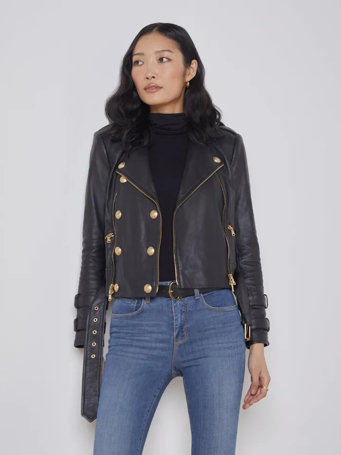 L039Agence Outerwear Women Billie Belted Leather Jacket Black