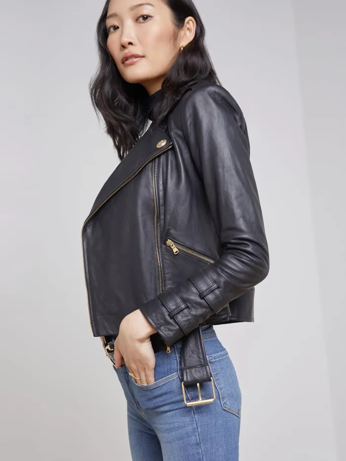 L039Agence Outerwear Women Billie Belted Leather Jacket Black