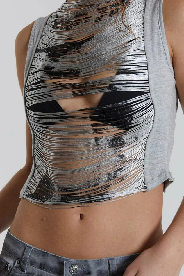 Latitude Punk Extreme Fringe Top Grey Women Jaded London Crop Tops Latitude Punk Extreme Fringe Top Grey Women Jaded London Crop Tops