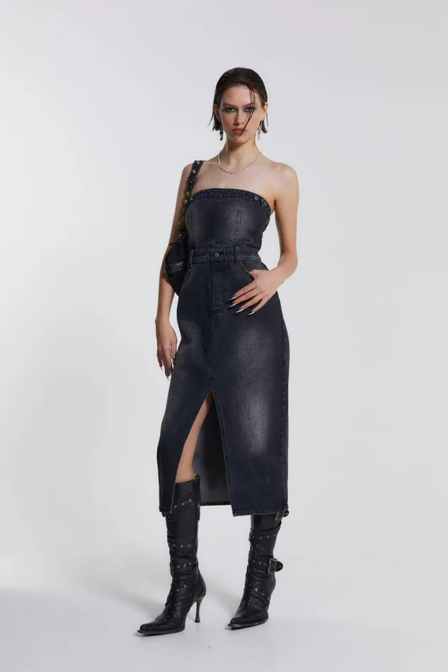 Liberty 2 In 1 Detachable Denim Black Midi Dress Black Women Jaded London