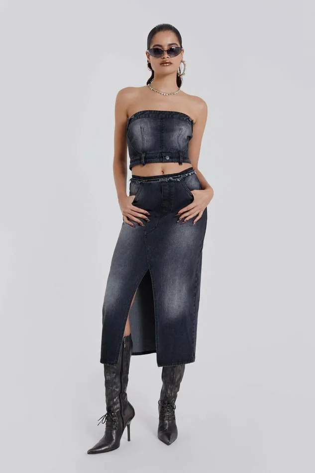 Liberty 2 In 1 Detachable Denim Black Midi Dress Black Women Jaded London