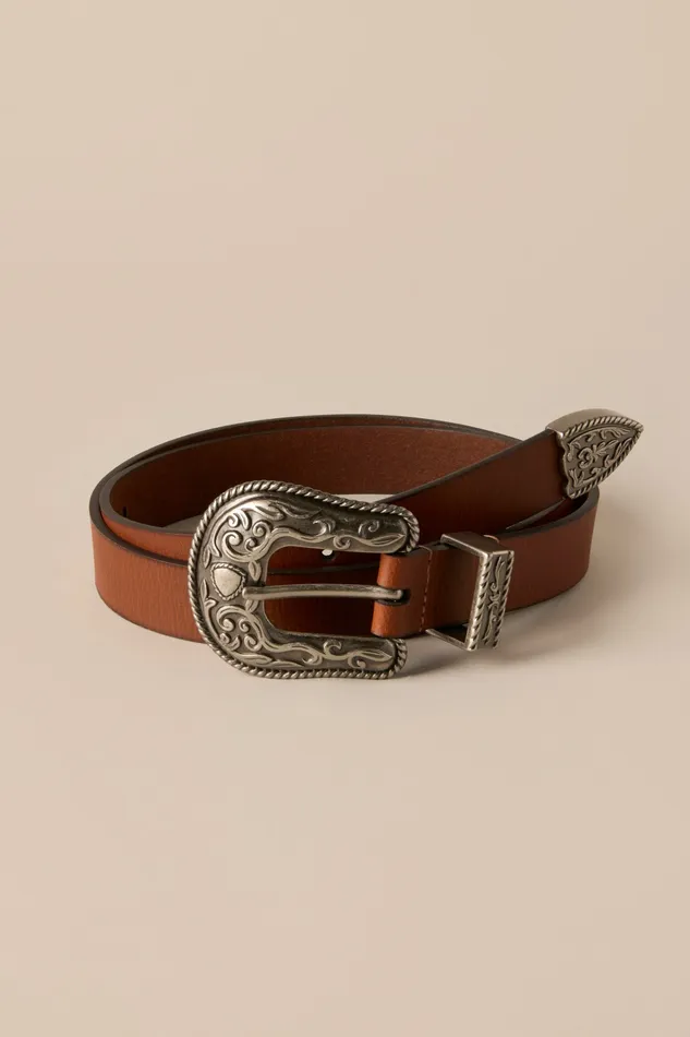 Lucky Brand Belts Women Rope Engraved Western Buckle Leather Belt 231 Tan