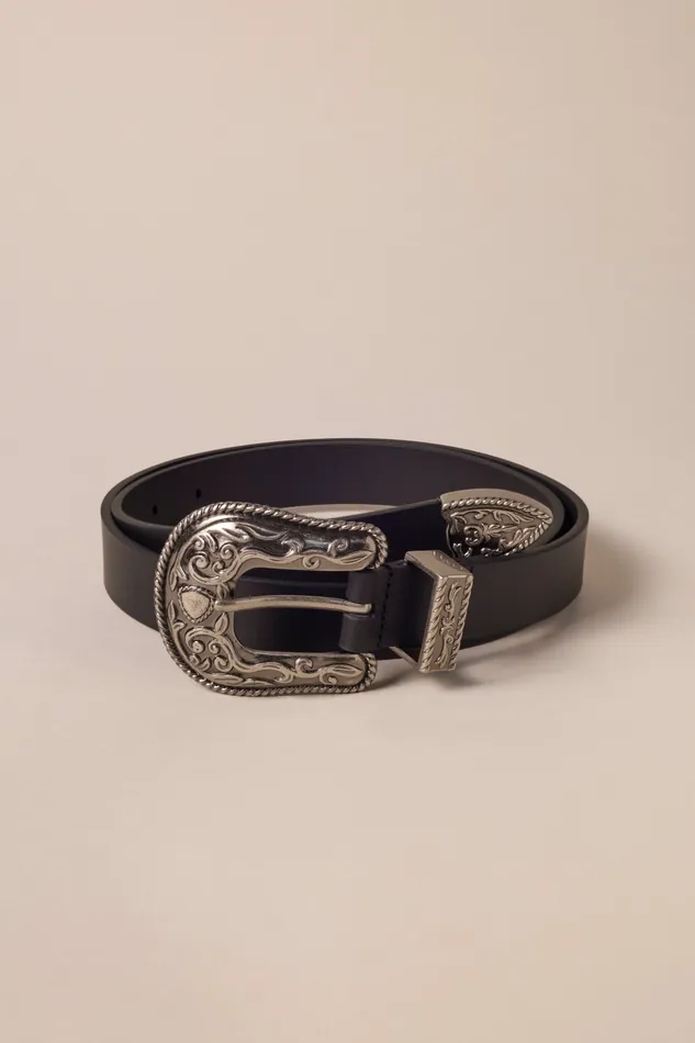 Lucky Brand Belts Women Rope Engraved Western Buckle Leather Belt Black