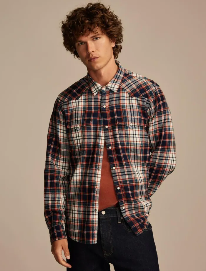 Lucky Brand ButtonDowns Men Indigo Plaid Western Long Sleeve Shirt Indigo Red Plaid