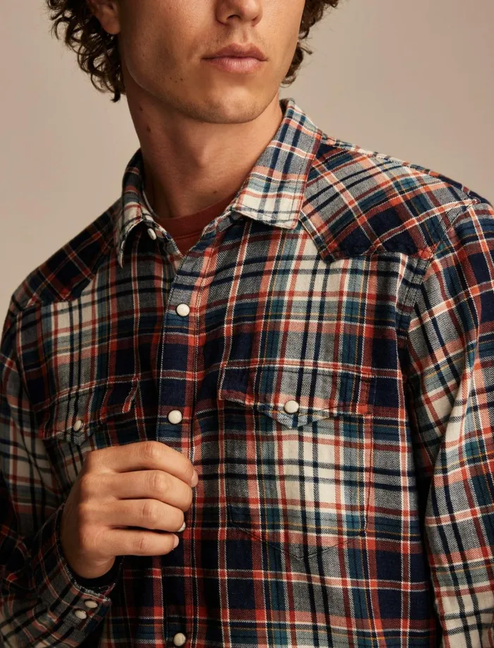 Lucky Brand ButtonDowns Men Indigo Plaid Western Long Sleeve Shirt Indigo Red Plaid