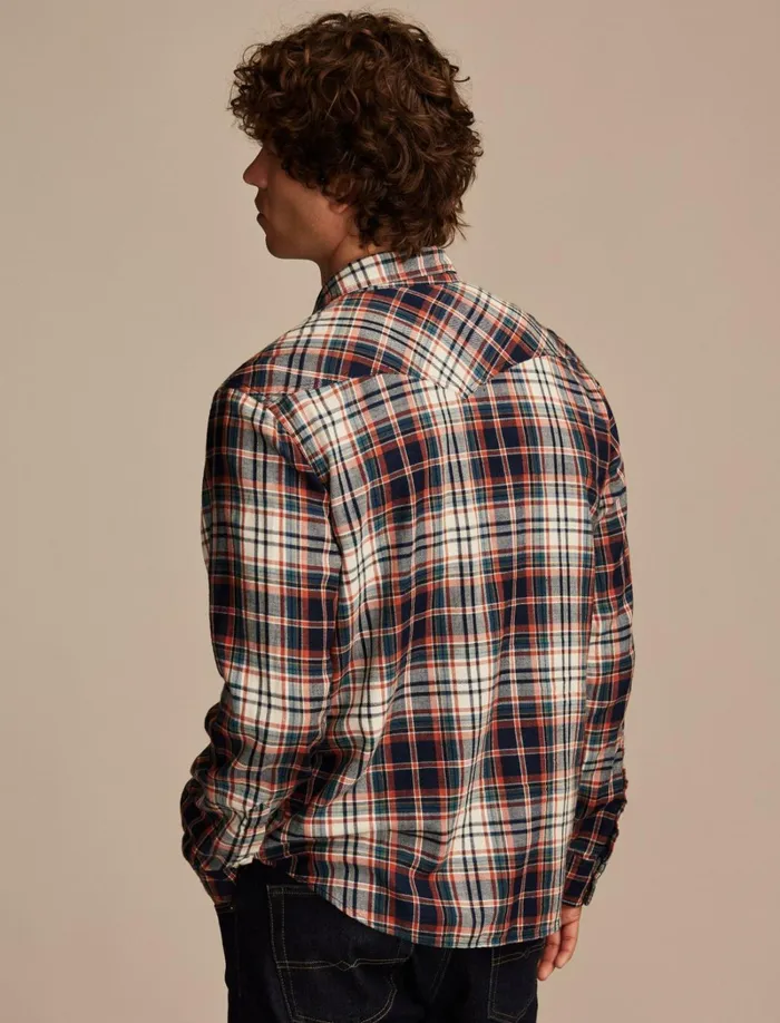 Lucky Brand ButtonDowns Men Indigo Plaid Western Long Sleeve Shirt Indigo Red Plaid
