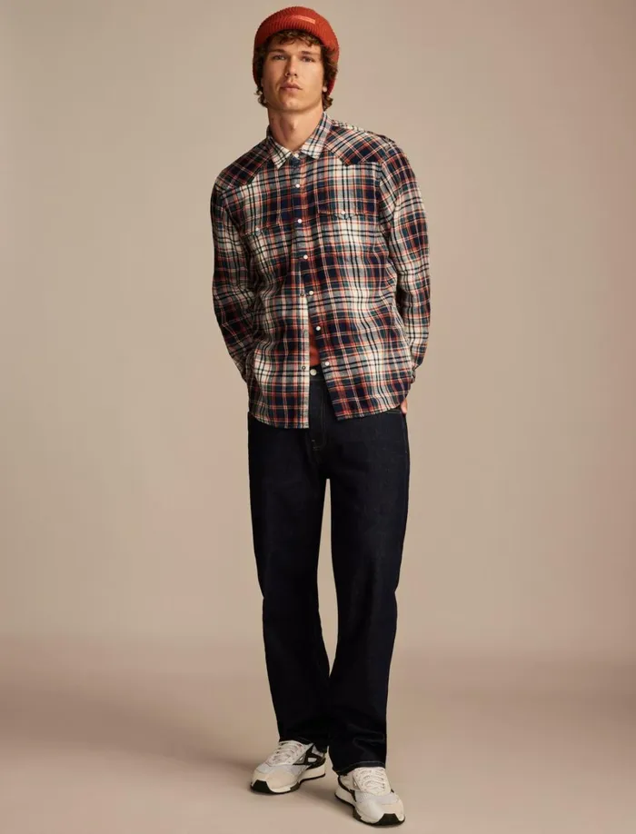 Lucky Brand ButtonDowns Men Indigo Plaid Western Long Sleeve Shirt Indigo Red Plaid