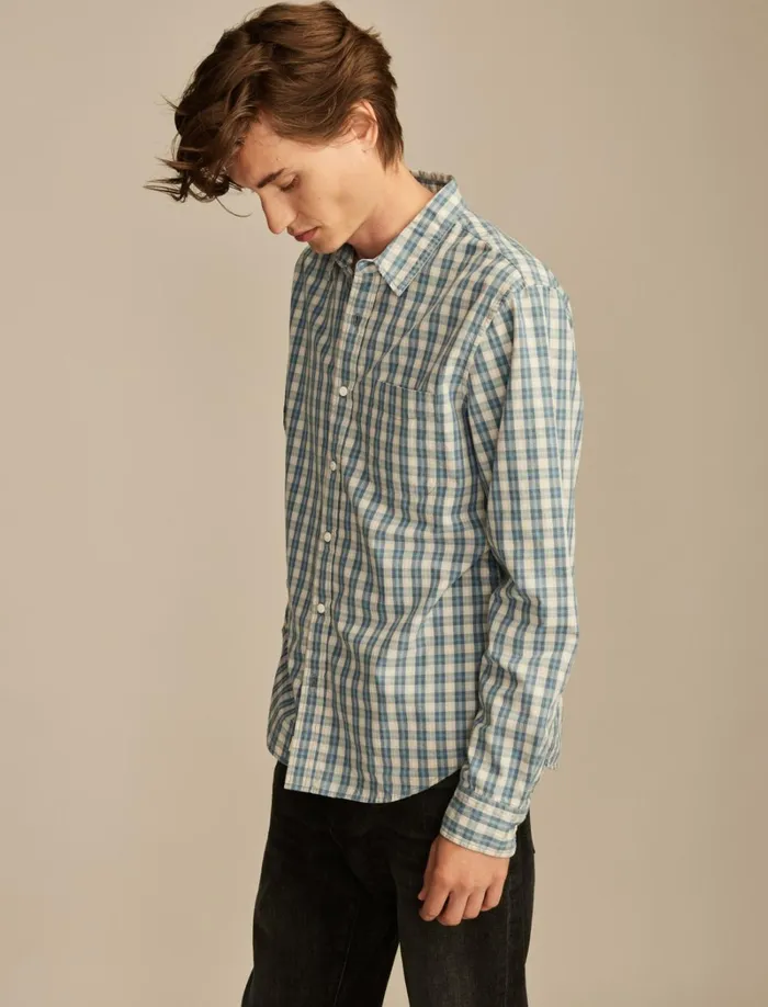 Lucky Brand ButtonDowns Men Plaid One Pocket Poplin Long Sleeve Shirt Blue Multi