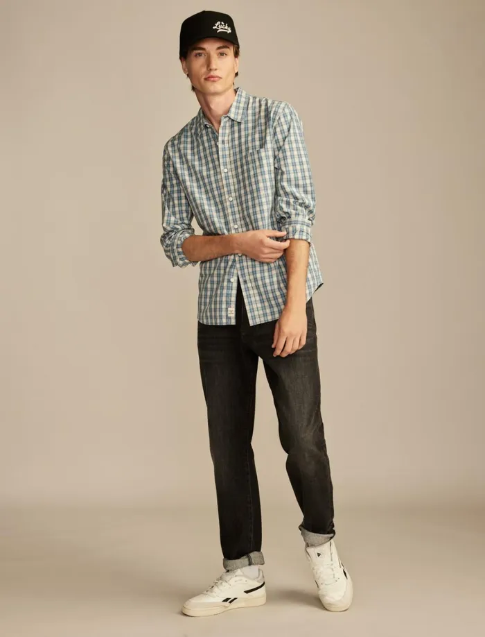 Lucky Brand ButtonDowns Men Plaid One Pocket Poplin Long Sleeve Shirt Blue Multi