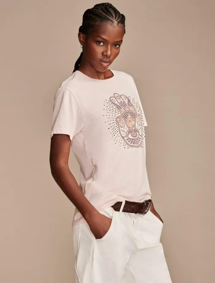 Lucky Brand Graphic Tees Women Embelished Hamsa Boyfriend Tee Peach Whip