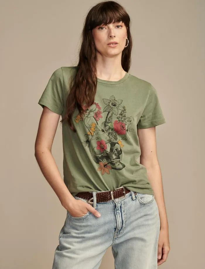 Lucky Brand Graphic Tees Women Embellished Floral Skull Classic Crew Sea Spray