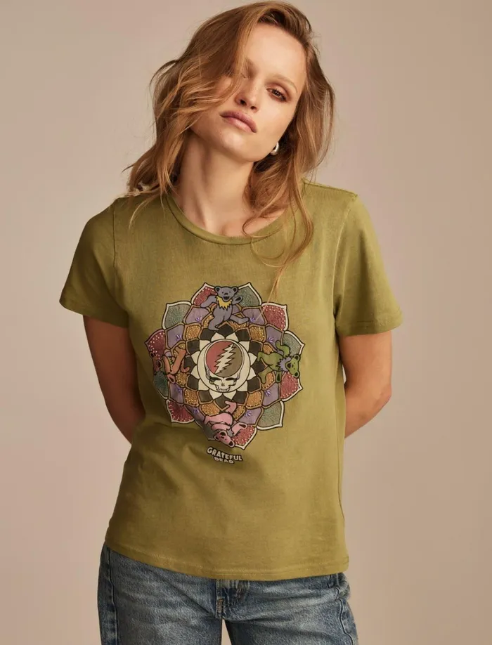 Lucky Brand Graphic Tees Women Grateful Dead Lotus Classic Crew Moss Stone