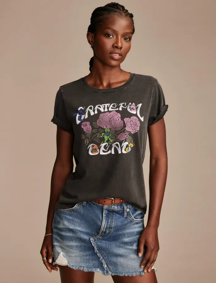 Lucky Brand Graphic Tees Women Grateful Dead Rose Bears Classic Crew Jet Black