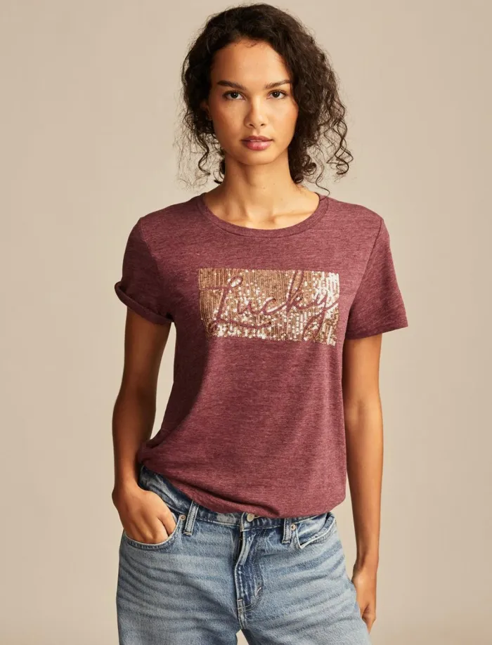 Lucky Brand Graphic Tees Women Lucky Sequins Classic Crew Maroon Banner