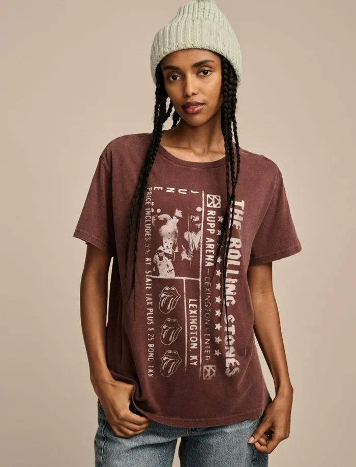 Lucky Brand Graphic Tees Women Rolling Stones Ticket Boyfriend Tee Bitter Chocolate