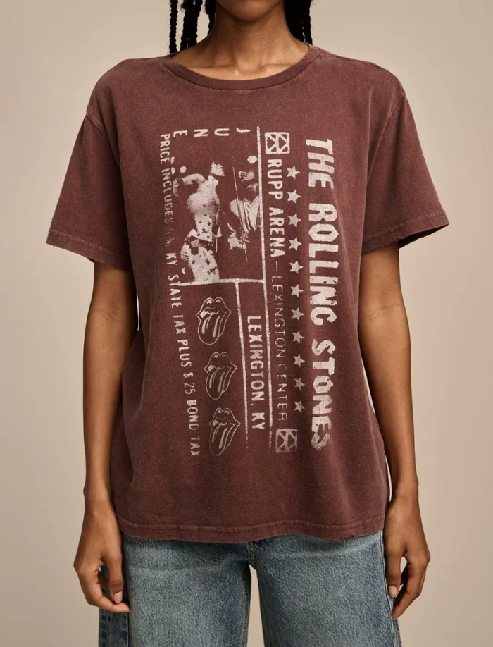Lucky Brand Graphic Tees Women Rolling Stones Ticket Boyfriend Tee Bitter Chocolate