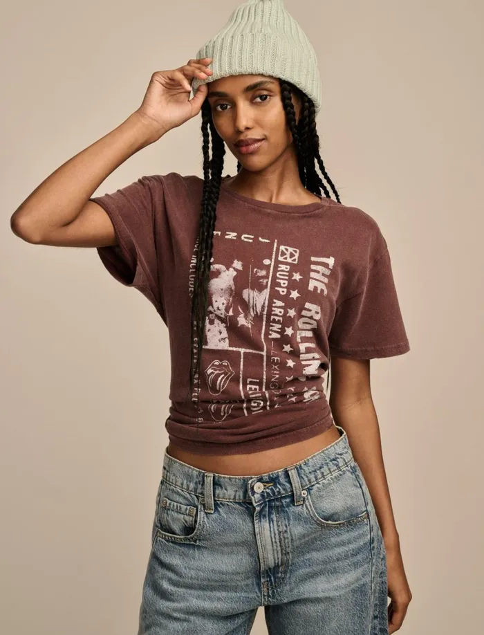 Lucky Brand Graphic Tees Women Rolling Stones Ticket Boyfriend Tee Bitter Chocolate