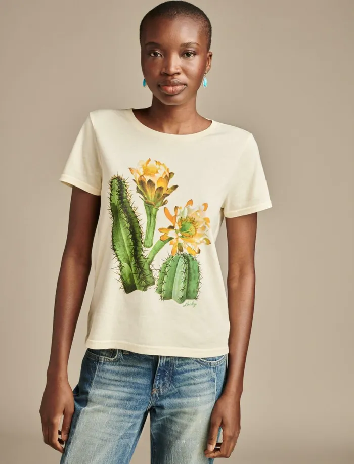 Lucky Brand Graphic Tees Women Watercolor Cactus Classic Crew Cloud Cream