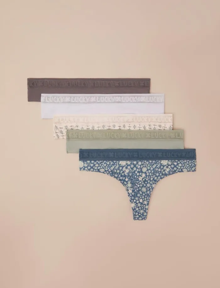 Lucky Brand Intimates and Sleepwear Women 5 Pack Logo Trimmed Thong Dark Blue