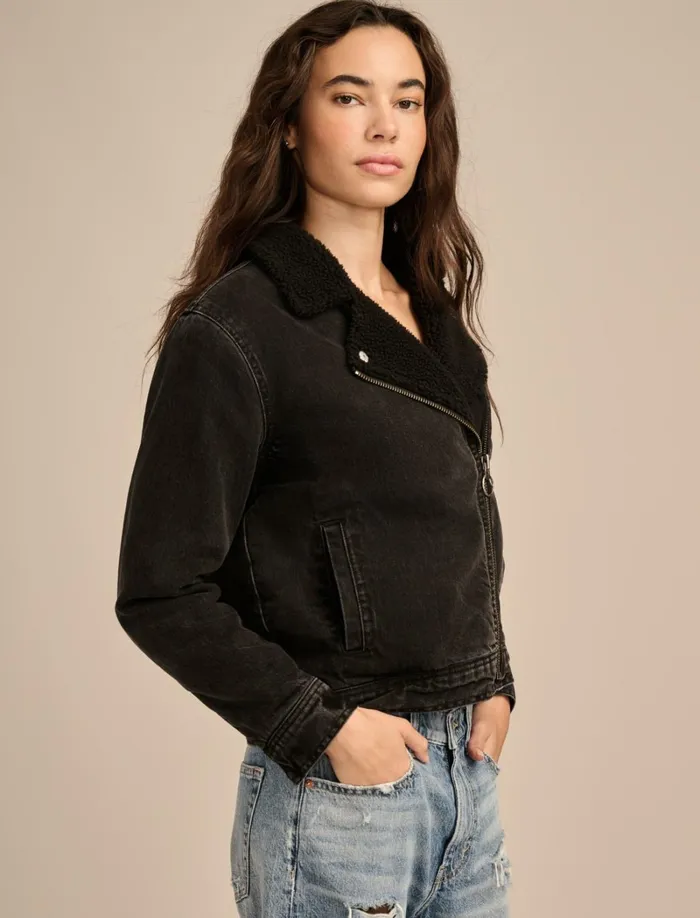 Lucky Brand Jackets and Outerwear Women Faux Shearling Denim Moto Jacket Scratched Record Wash