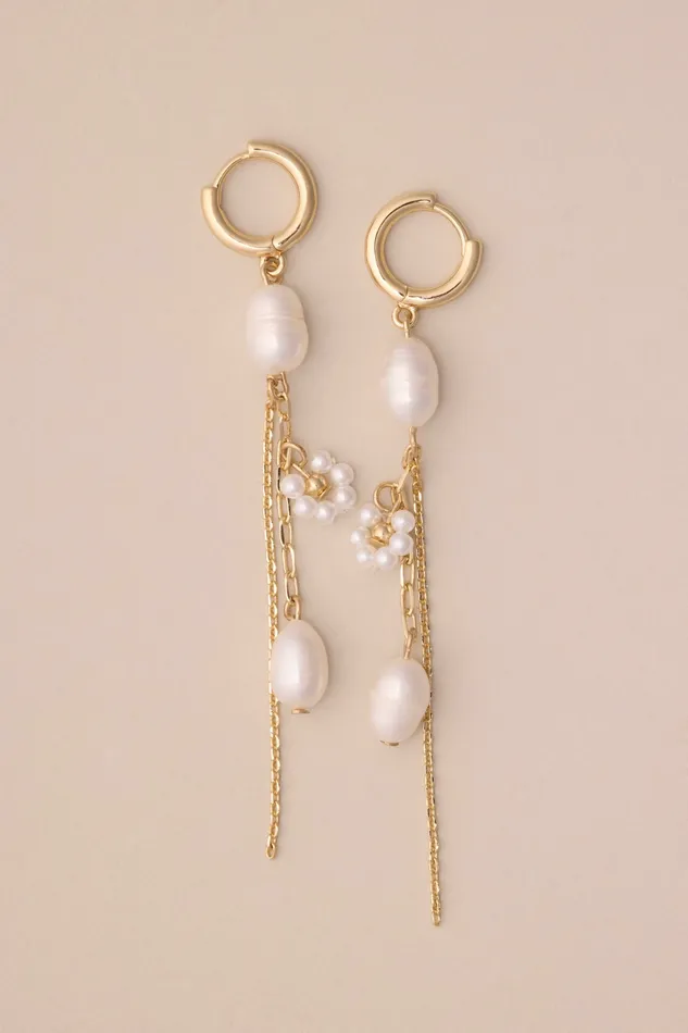 Lucky Brand Jewelry Women Pearl Chain Hoop Fringe Earring Gold