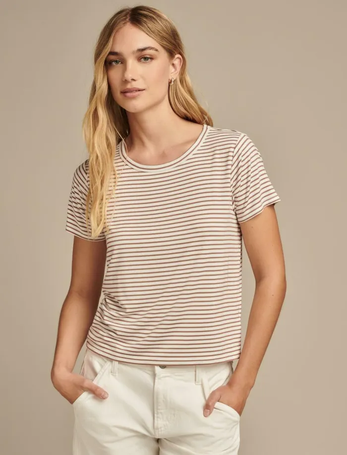 Lucky Brand Knit Tops Women Relaxed Crew Neck Tee Cream Brown Combo