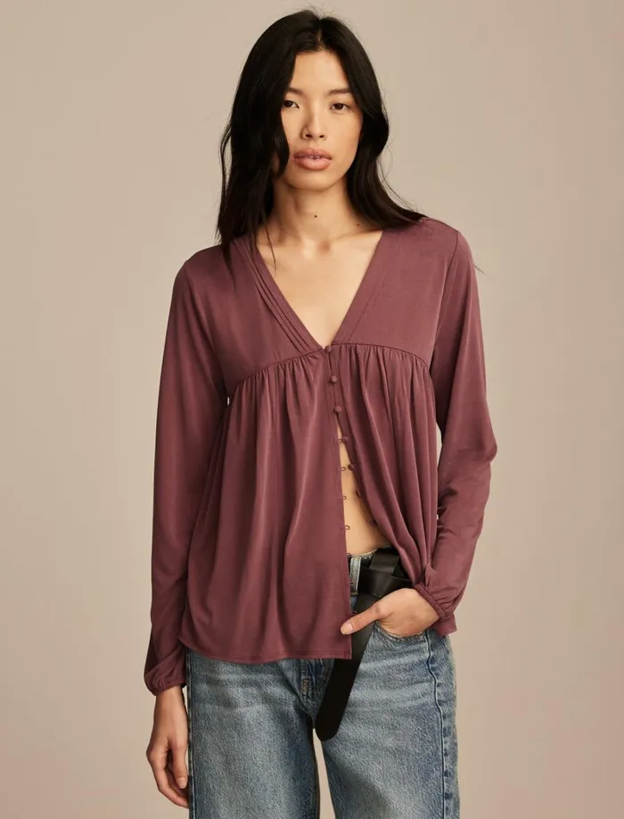Lucky Brand Knit Tops Women Sandwash Button Front Blouse Burgundy