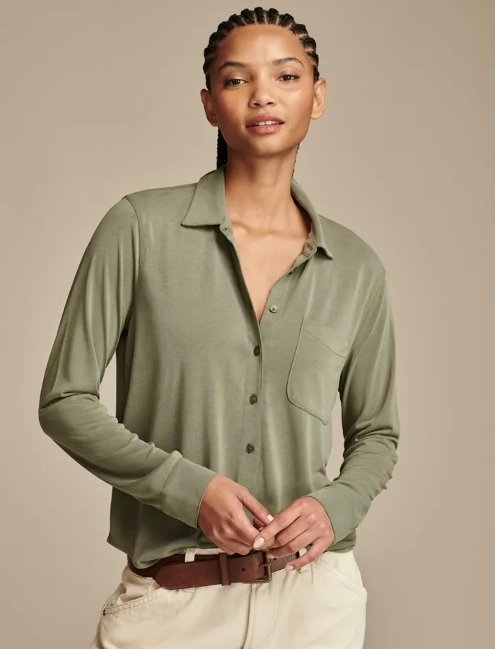 Lucky Brand Knit Tops Women Sandwash Long Sleeve Button Front Dusty Olive