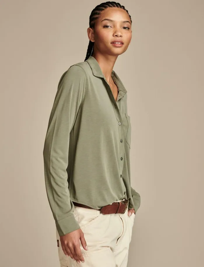 Lucky Brand Knit Tops Women Sandwash Long Sleeve Button Front Dusty Olive