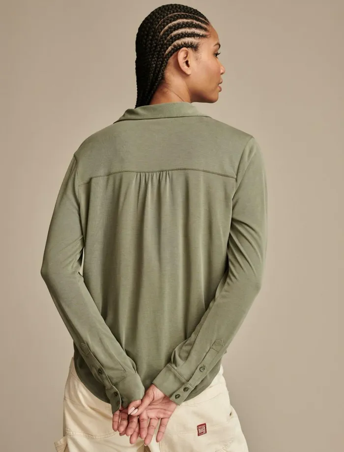 Lucky Brand Knit Tops Women Sandwash Long Sleeve Button Front Dusty Olive