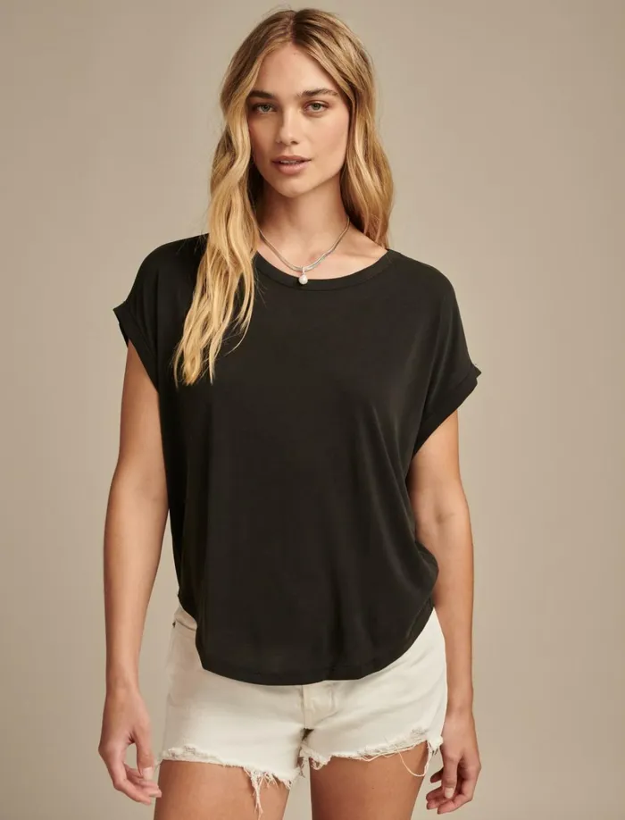 Lucky Brand Knit Tops Women Short Sleeve Sandwash Dolman Tee 001 Lucky Black