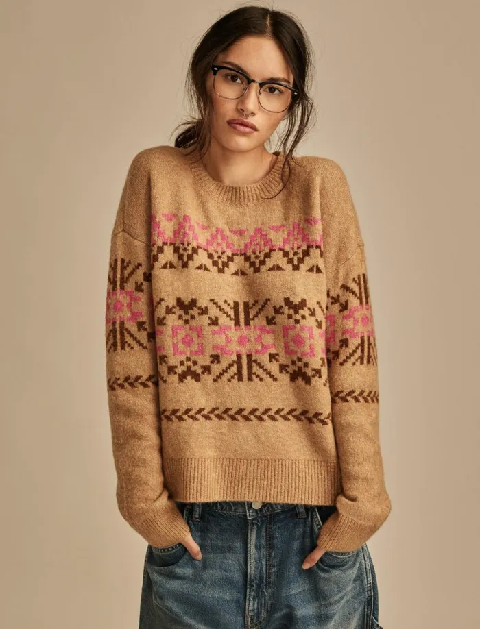 Lucky Brand Sweaters and Sweatshirts Women Fair Isle Crew Neck Camel Multi