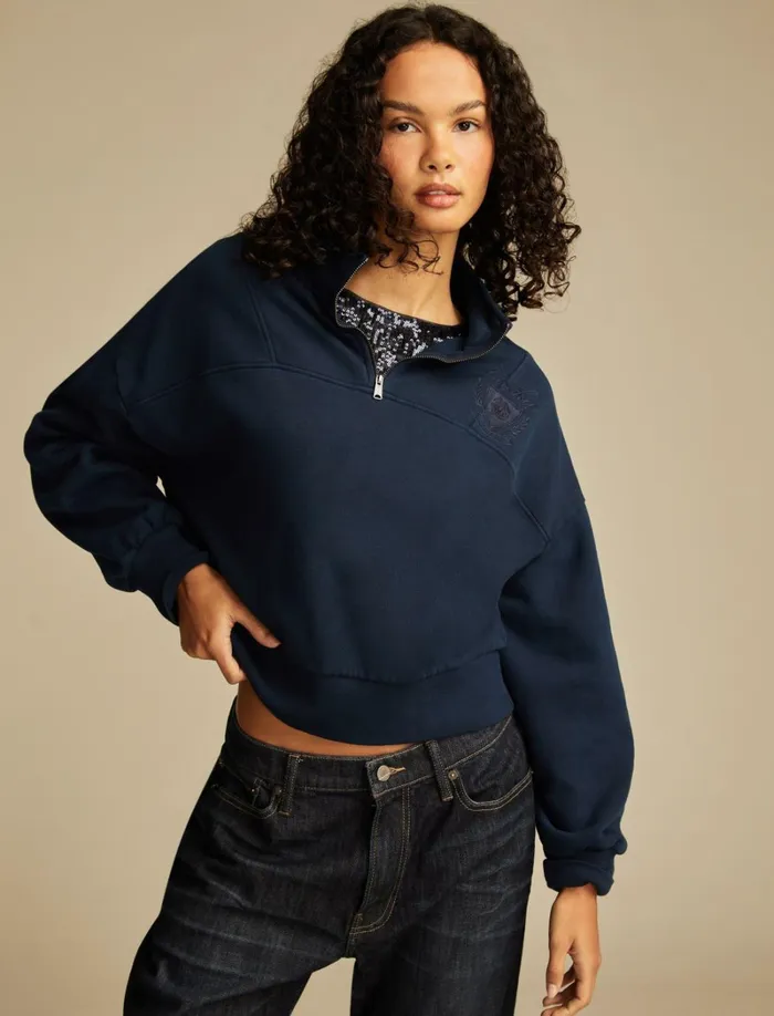 Lucky Brand Sweaters and Sweatshirts Women Half Zip Lucky Fleece Black Iris