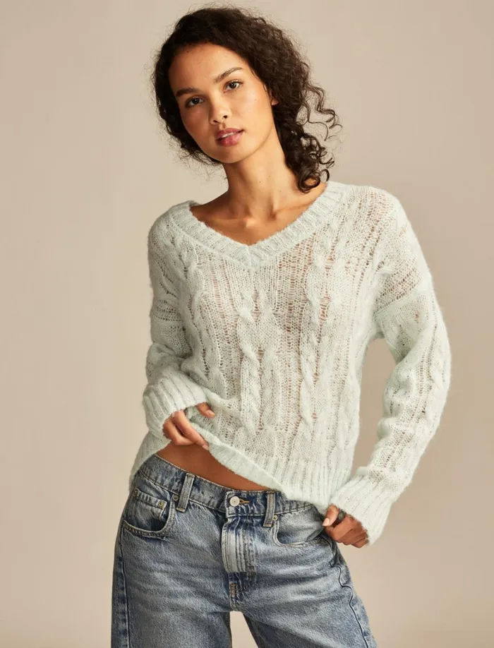 Lucky Brand Sweaters and Sweatshirts Women Mohair Cable Pullover Sweater Surf Spray