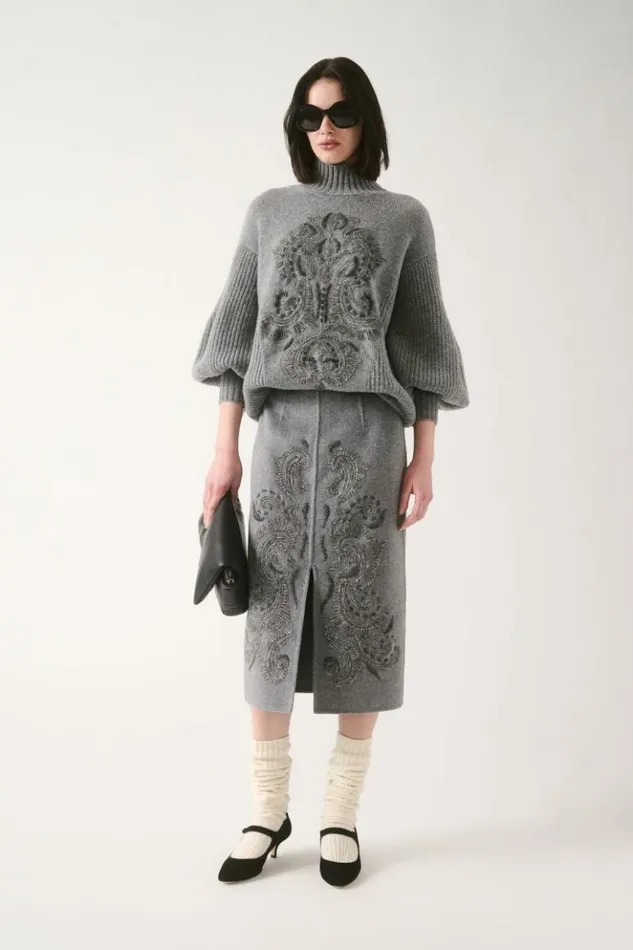 Luisa Spagnoli Skirts And Shorts Furia 8211 Embroidered Skirt Grey Melange 8211 Women