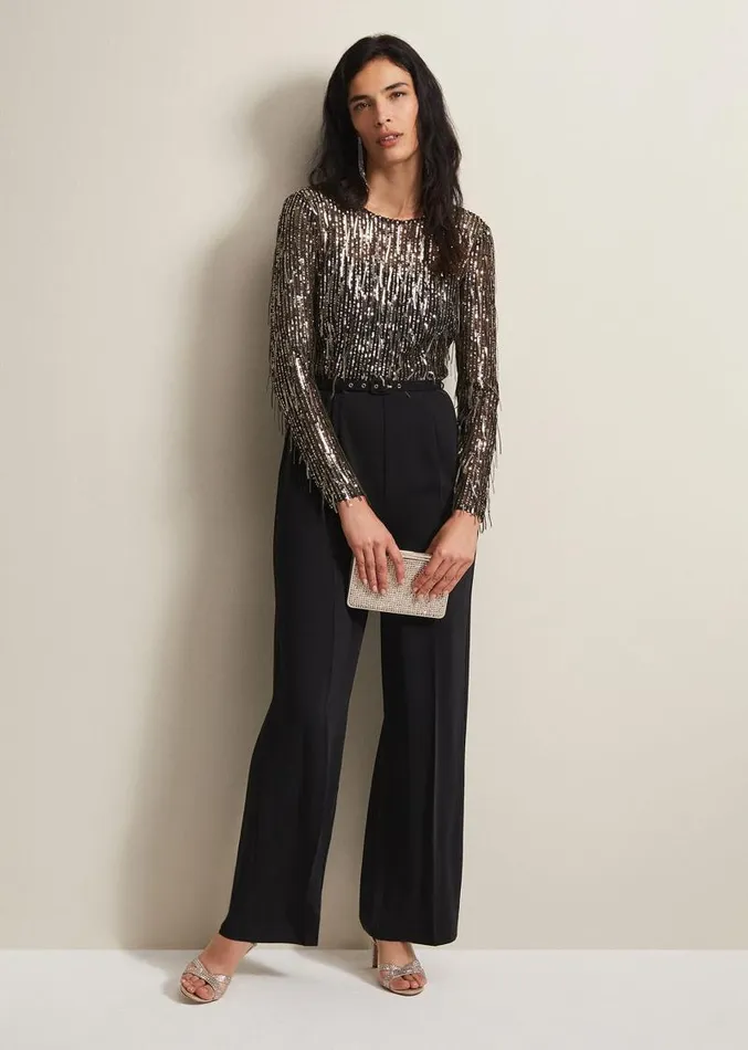 Mariah Sequin Fringe Wide Leg Jumpsuit Black Women Phase Eight Dresses