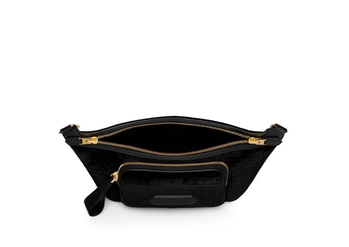 Men Belt Bags Tom Ford Stamped Croc Velvet Slim Belt Bag Black Men Belt Bags Tom Ford Stamped Croc Velvet Slim Belt Bag Black