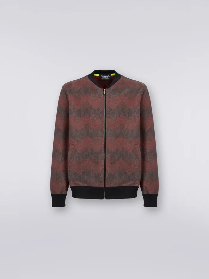 Men Cotton Blend Zigzag Bomber Jacket In Collaboration With Mike Maignan Black and Red Missoni Sport Men Cotton Blend Zigzag Bomber Jacket In Collaboration With Mike Maignan Black and Red Missoni Sport