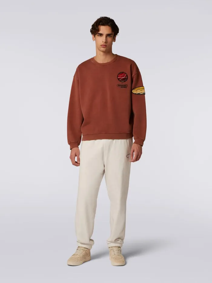 Men Cotton Fleece CrewNeck Pullover With Knitted Insert Rust Missoni Sport Men Cotton Fleece CrewNeck Pullover With Knitted Insert Rust Missoni Sport