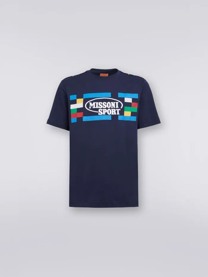 Men CrewNeck Cotton TShirt With Embroidery Print Navy Blue Missoni Sport