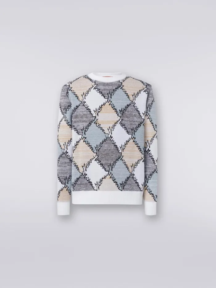 Men CrewNeck Pullover In Diamond Cotton With Logo Lettering Beige Missoni Knitwear