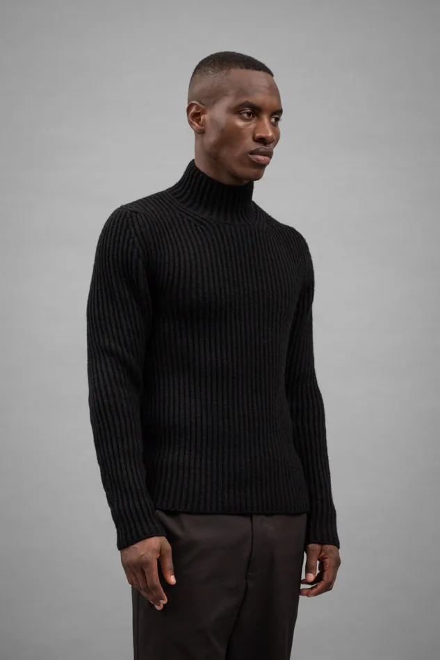 Men Hybrid Rib Mock Neck Stretch Wool Black Norse Projects Knitwear