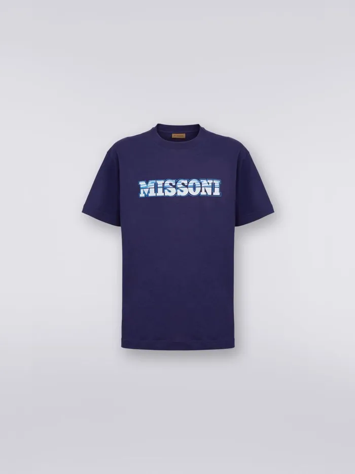 Men Logo Print Cotton Jersey CrewNeck TShirt Blue Missoni Polos and Tshirts